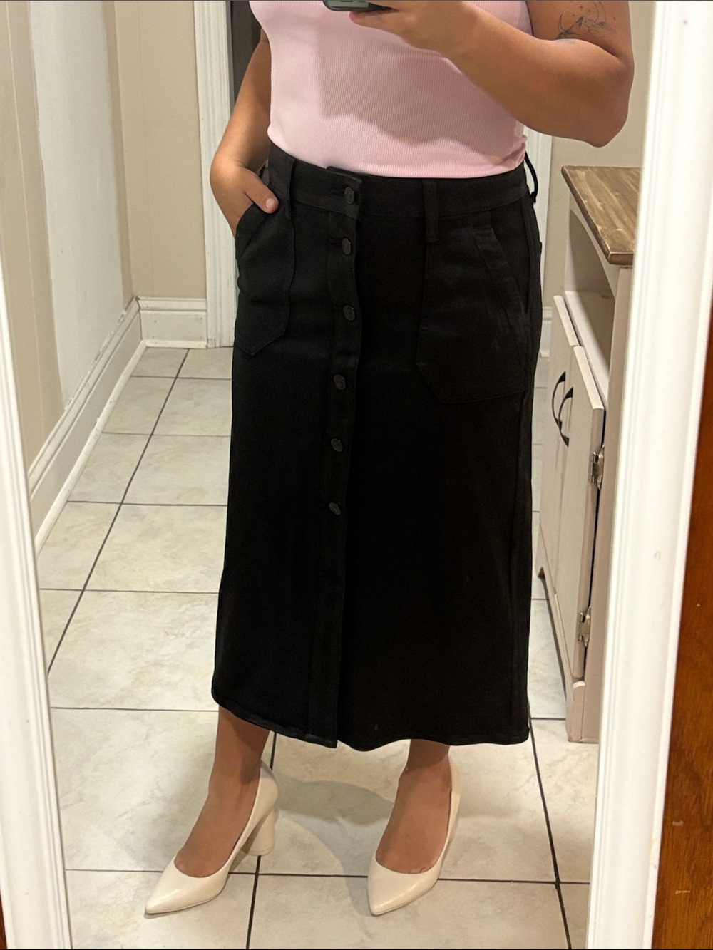 PAIGE Black Button-Front Midi Skirt with Patch Pockets